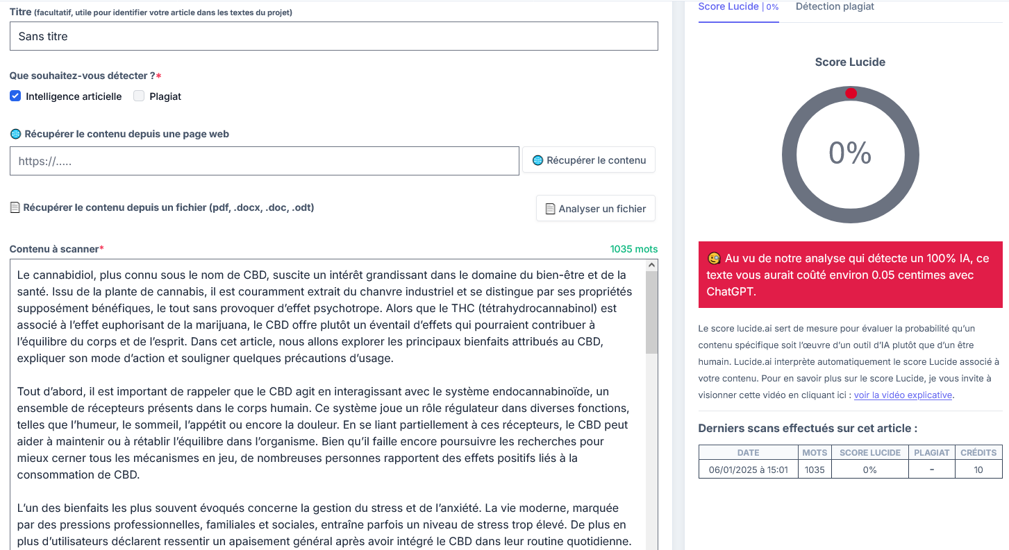 Détection IA d'un article produit par ChatGPT o1 avec l'outil Lucide.ai