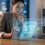 Une femme examine une lettre de motivation via une interface numérique holographique futuriste.