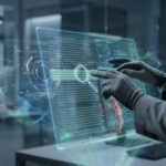 Une personne en gants examine un texte juridique sur un écran holographique futuriste dans un bureau moderne.