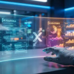 Une main gantée interagissant avec une interface holographique comparant deux solutions d'intelligence artificielle.