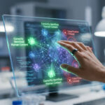 Une main utilisant un écran holographique affichant des données sur la détection de contenu humain par IA.